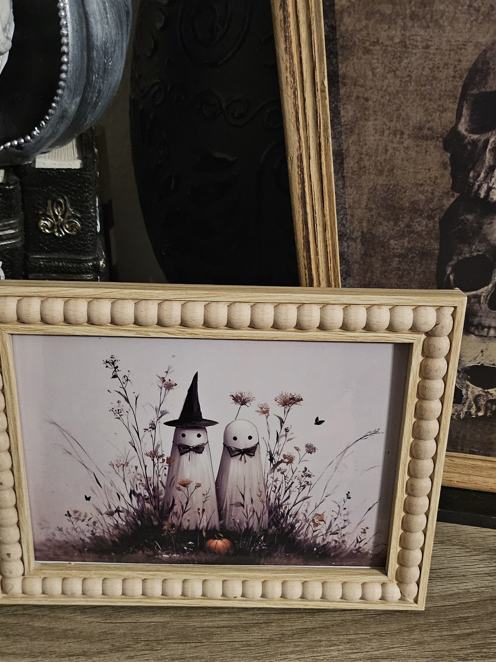 Natural Wood Beaded Picture Frame with Ghost Art - Neutral